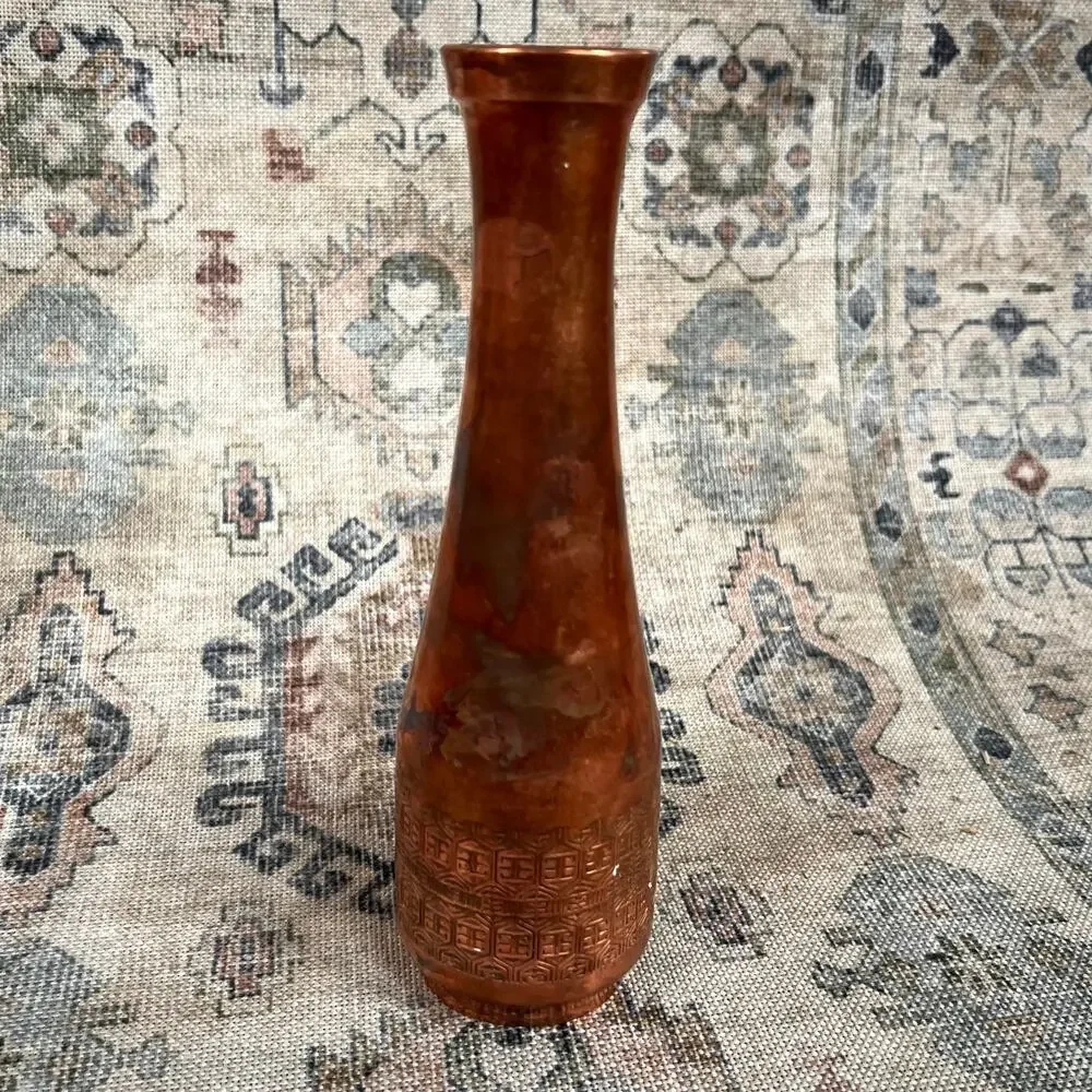 Vintage 60s Solid Copper Bud Vase Etched Band Mid Century Rustic Decor 8" - Picture 6 of 7